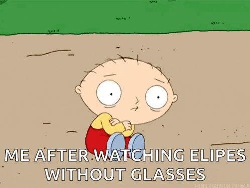 a cartoon of stewie from family guy sitting on the ground with the caption me after watching elips without glasses