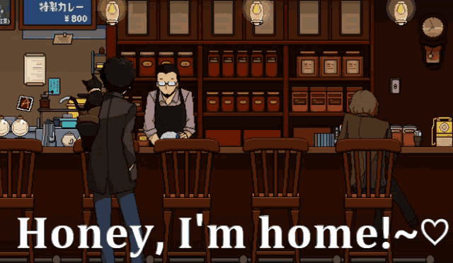 a cartoon of a man standing at a bar with the words honey i 'm home