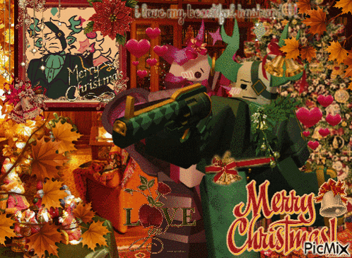 a merry christmas greeting card with a picture of a man with a gun