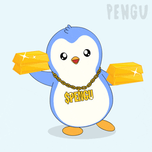 a blue penguin with a gold chain around his neck is holding a stack of gold bars
