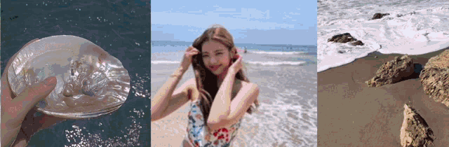 a woman in a bathing suit is standing on a beach next to a body of water