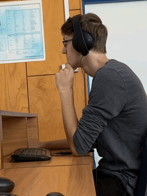 a man wearing headphones sits at a desk in front of a wall that has a list of foreign languages on it