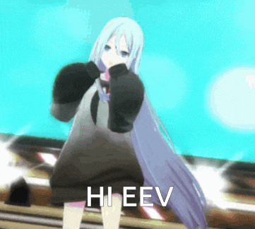 a cartoon girl with long gray hair and the words hi eev on the bottom