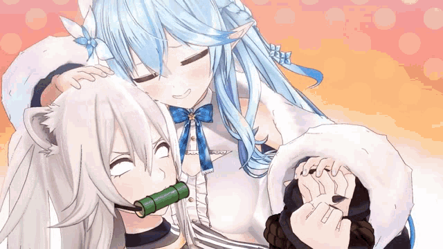 a girl with blue hair is petting another girl