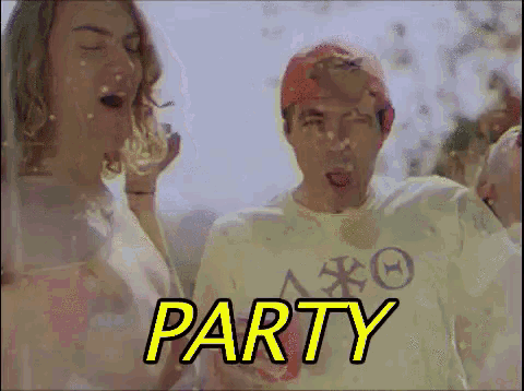 a group of people are having a party and the word party is in yellow