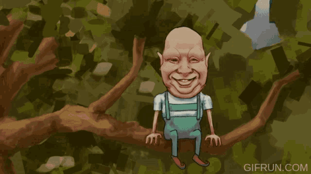 a cartoon of a man sitting on a tree branch with the website gifrun.com visible