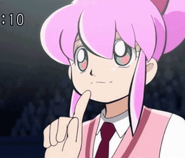 a cartoon girl with pink hair and green eyes is giving a thumbs up