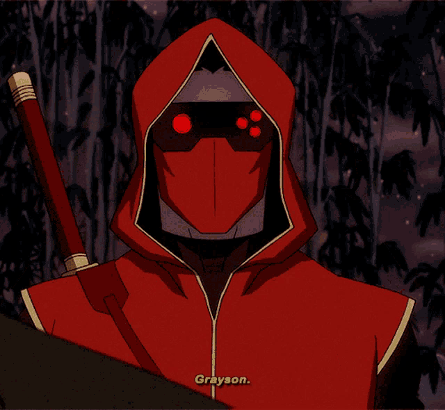 a cartoon character with a red hood and grayson written on the bottom