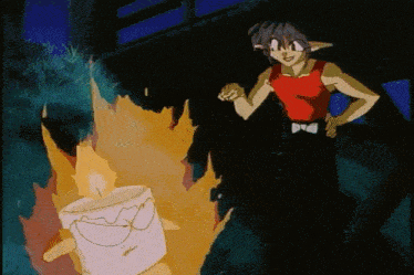 a cartoon character in a red tank top stands in front of a burning object