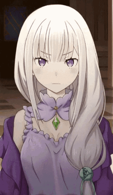 a girl with white hair and purple eyes is wearing a purple dress and a green necklace