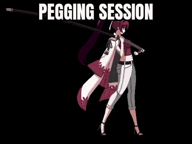 a pixel art of a woman holding a sword with the words pegging session written above her