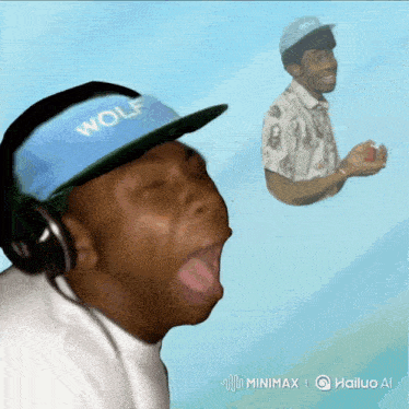a man wearing headphones and a blue hat that says wolf