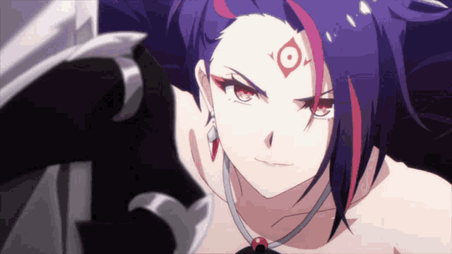 a girl with purple hair and a red eye has a necklace around her neck