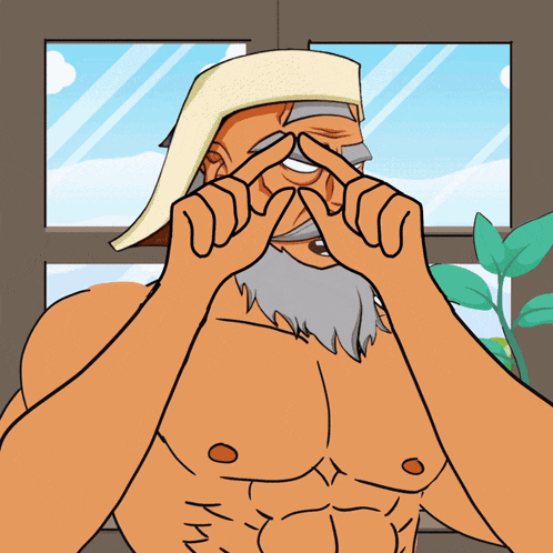 a cartoon of a shirtless man with a beard making a funny face