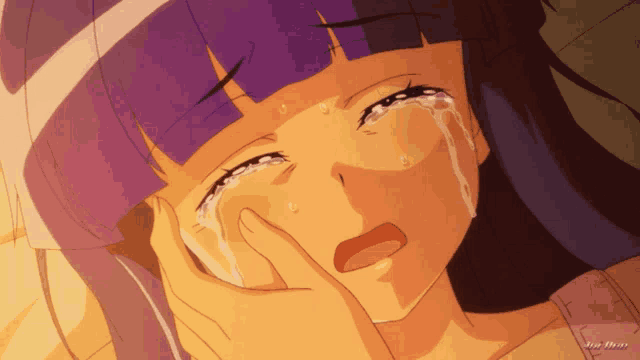 a girl with purple hair is crying with tears coming out her eyes