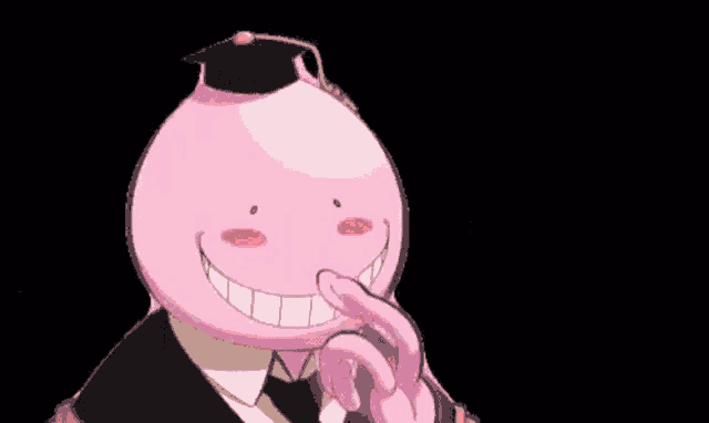 a pink octopus is wearing a graduation cap and tie and making a heart shape with his hands .