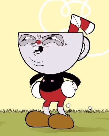 a cartoon character with a cup on his head and a red and white striped straw