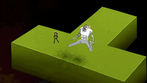 a cartoon character is standing next to a giant l