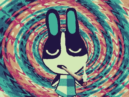 a cartoon rabbit is smoking a cigarette in a colorful background