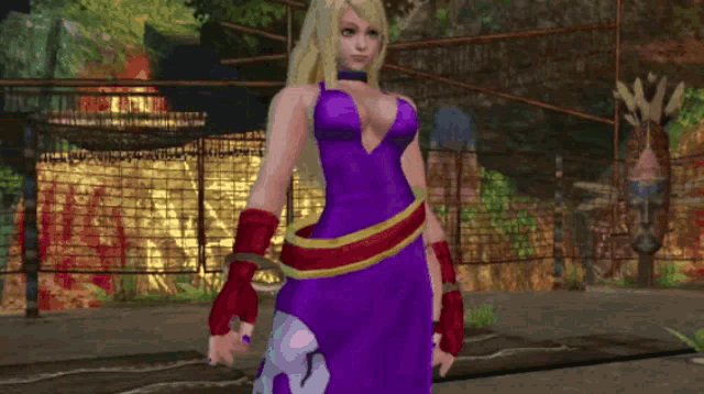 a video game character in a purple dress