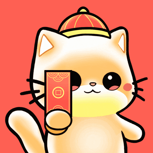 a cat wearing a hat is holding a red envelope with a coin on it