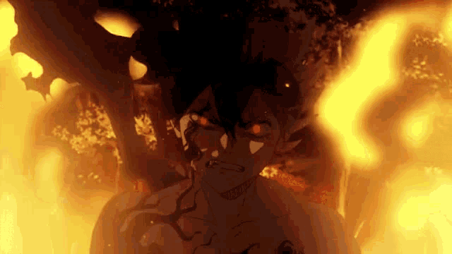 a man with red eyes is standing in front of a fire and a tree .