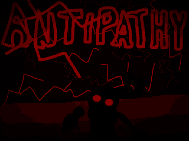 a drawing of a monster with red eyes and the word antipathy in red letters