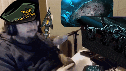 a man wearing a hat with an eagle on it sits at a desk