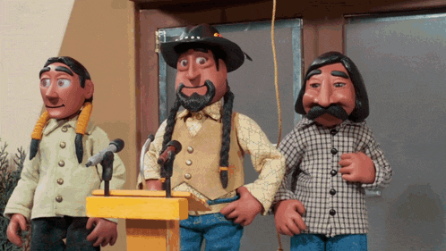 three cartoon characters standing in front of microphones