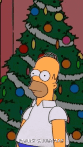 a cartoon of homer simpson standing in front of a christmas tree with the words merry christmas below him