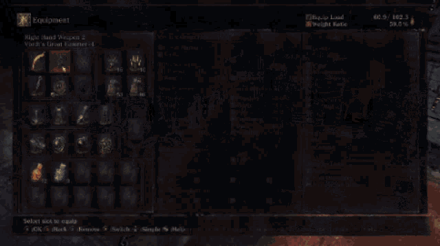 a screenshot of a video game shows a knight holding a sword in a dark room