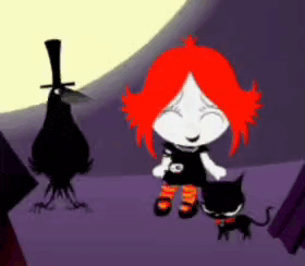 a cartoon girl with red hair is standing next to a black cat
