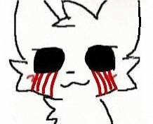 a drawing of a cat with black eyes and red tears coming out of it 's eyes .