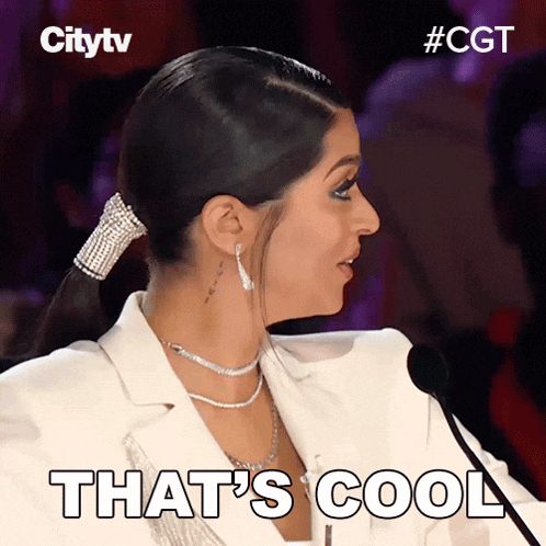 a woman sitting in front of a microphone with the words that 's cool above her