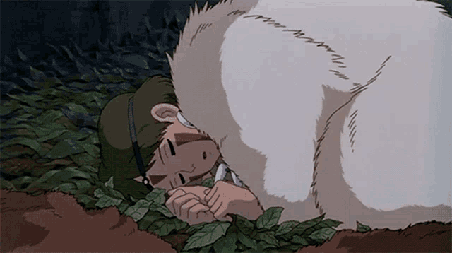 a cartoon of a person laying on the ground with a furry animal behind them