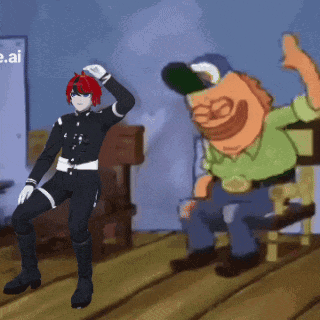 a cartoon character with red hair is standing next to a man in a green shirt who is sitting on a chair