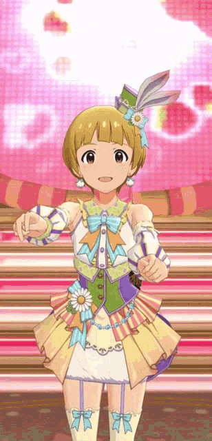 a girl with short blonde hair is wearing a feathered hat