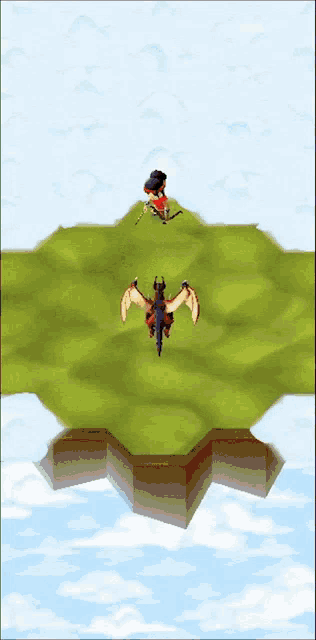 a dragon is flying over a green island with a person standing on top of it