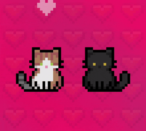 a pixel art illustration of two cats with hearts in the background