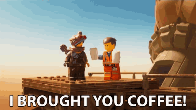 two lego figures standing next to each other with the words " i brought you coffee " below them