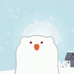a cartoon of a pig playing in the snow with a house in the background