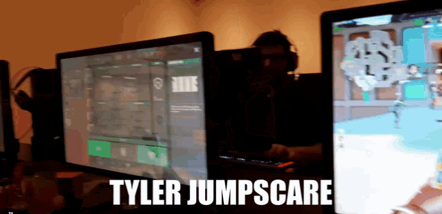 a man playing a video game with the name tyler jumpscare on the bottom
