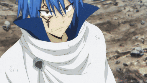 a blue haired anime character with a tattoo on his chest