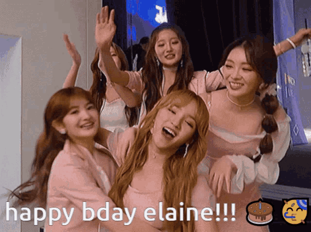 a group of girls are posing for a picture with the caption happy bday elaine !!!