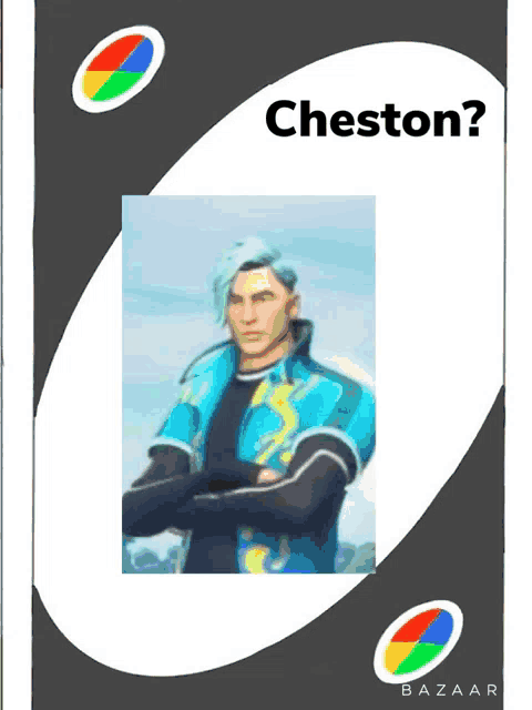 a black and white card with a picture of a man and the word cheston on it