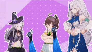 three anime characters are standing next to each other with one holding a peacock
