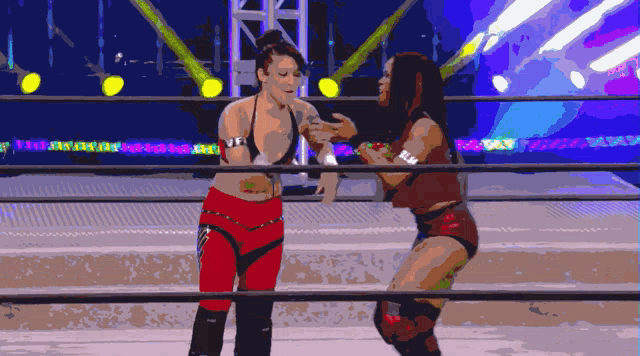 two women wrestling in a ring with a banner behind them that says ' wwe '