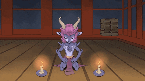a cartoon drawing of a woman with horns kneeling in front of candles