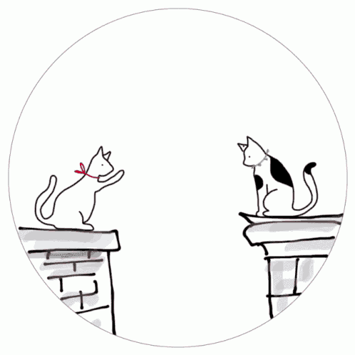 a drawing of two cats sitting on a ledge with red hearts around them