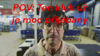 a man wearing glasses and headphones with the words pov ten kuk uz je moc prijebany written in red